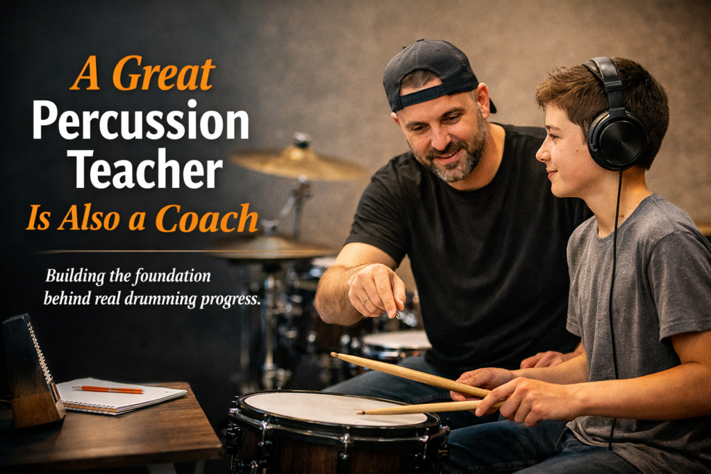 Percussion teacher coaching a young student during a drum lesson with text about building the foundation behind real drumming progress.