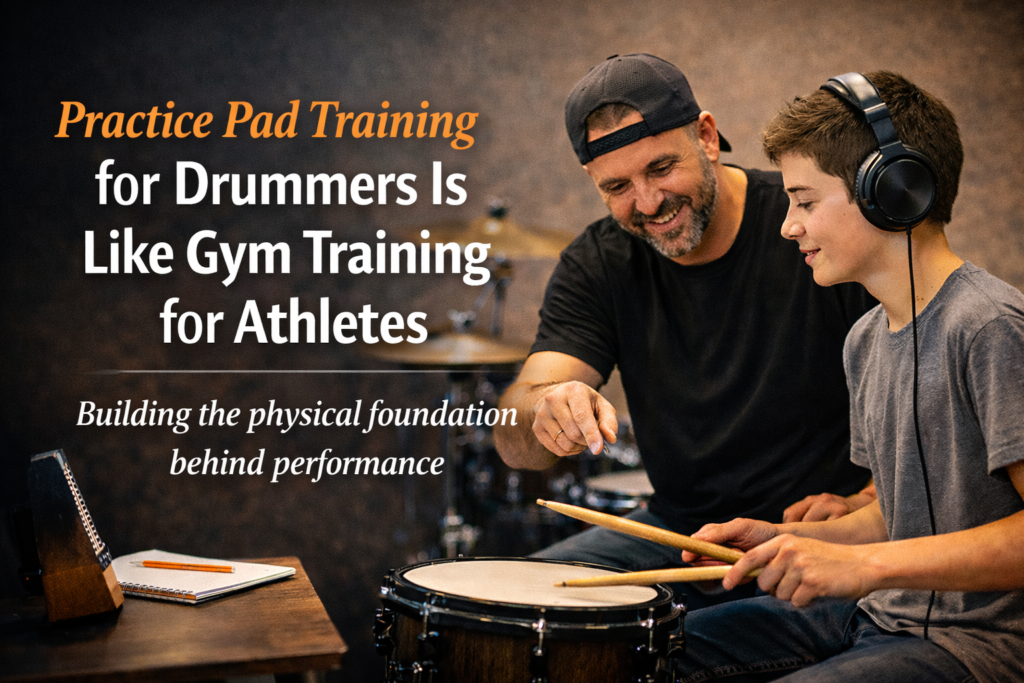 Practice pad training for beginner drummers with a teacher coaching technique and building the physical foundation behind performance.